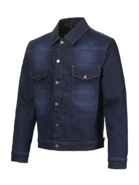Side angle view of the Triumph Jax denim riding jacket showing sleeve and pocket detail.