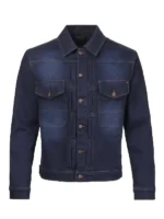 Front view of the Triumph Jax denim riding jacket in dark shaded blue.