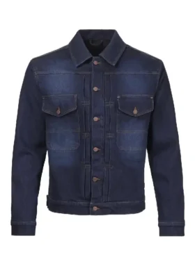 Front view of the Triumph Jax denim riding jacket in dark shaded blue.