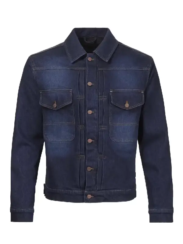 Front view of the Triumph Jax denim riding jacket in dark shaded blue.