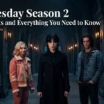 Wednesday Season 2 cast in character-inspired outfits including Wednesday Addams black trench coat and Enid Sinclair shearling jacket from TV Jackets collection