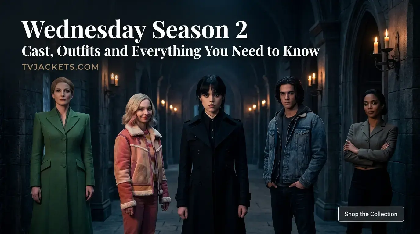 Wednesday Season 2 cast in character-inspired outfits including Wednesday Addams black trench coat and Enid Sinclair shearling jacket from TV Jackets collection