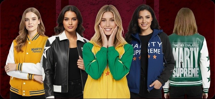 Five female models wearing women's Marty Supreme jackets including yellow varsity, black leather, green track jacket, blue hoodie and green varsity at TVJackets
