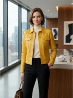 Woman wearing a yellow leather jacket with shirt collar, button front, and chest pockets