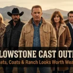 Yellowstone cast outfits blog banner showing western jackets, coats, and ranch-inspired character fashion