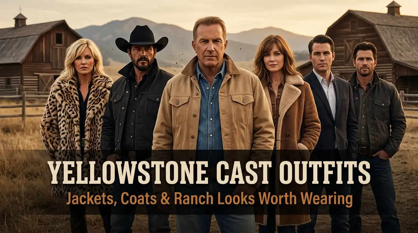 Yellowstone cast outfits blog banner showing western jackets, coats, and ranch-inspired character fashion