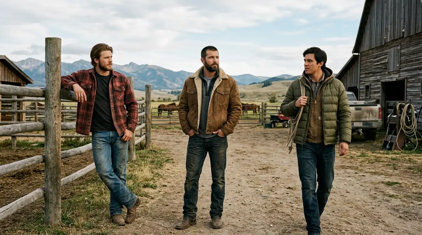 Yellowstone ranch workwear outfits with practical jackets and layered styling