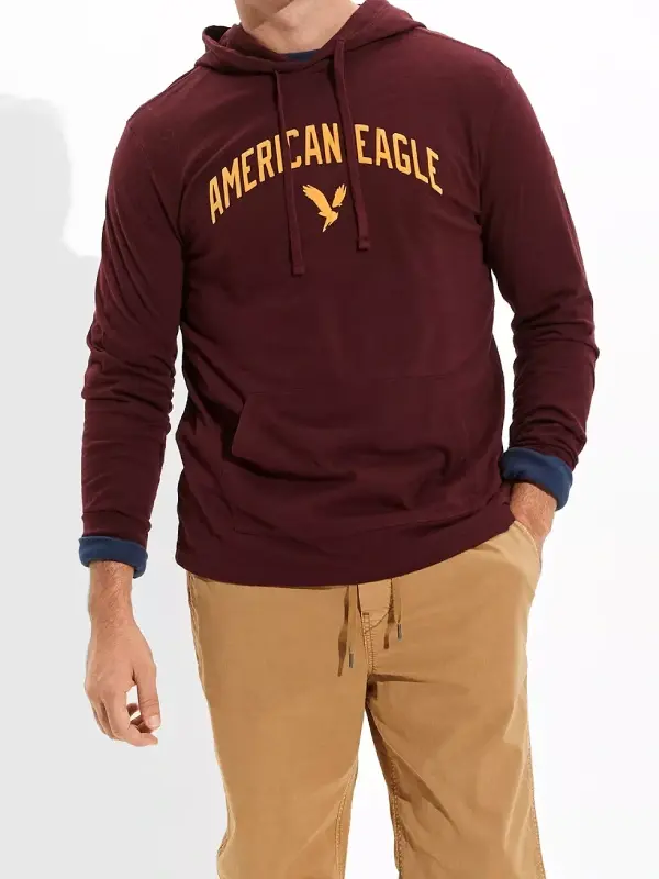 AE Long-Sleeve Hoodie T-Shirt front view showing hooded neckline, long sleeves, and clean fit