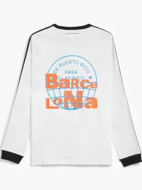 Adidas x Bad Bunny Barcelona Long-Sleeve T-Shirt back view showing rear design, sleeves, and relaxed fit