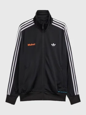 Adidas x Bad Bunny Madrid Track Jacket front view showing collar, front zipper, and sporty design