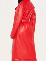 Alexia Jayy Red Trench Coat back view showing rear structure, sleeve shape, and long red coat fit