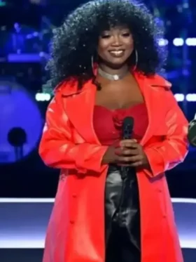 Alexia Jayy Red Trench Coat front view showing collar, closure, pockets, and long coat design