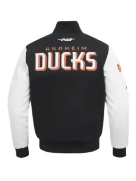 Anaheim Ducks Classic Varsity Jacket back view showing rear panel construction and varsity finish