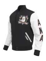 Anaheim Ducks Classic Varsity Jacket front side view showing sleeve detail and varsity profile