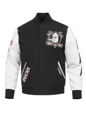 Anaheim Ducks Classic Varsity Jacket front view showing full silhouette and clean varsity colorway