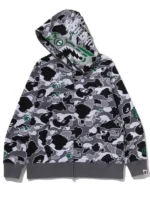 BAPE x Hidden STA Camo Tiger Hoodie design view showing camo pattern, tiger artwork, and fabric detail