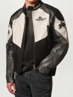 Belstaff x Represent Race Jacket close-up view showing fabric texture, graphics, and stitching details