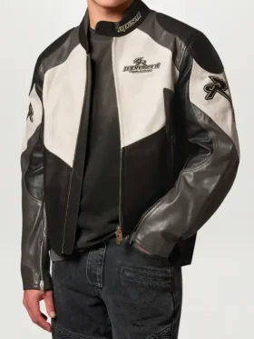 Belstaff x Represent Race Jacket close-up view showing fabric texture, graphics, and stitching details