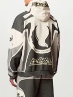 Belstaff x Represent Racing Hoodie back view showing rear graphics, hood shape, and relaxed fit