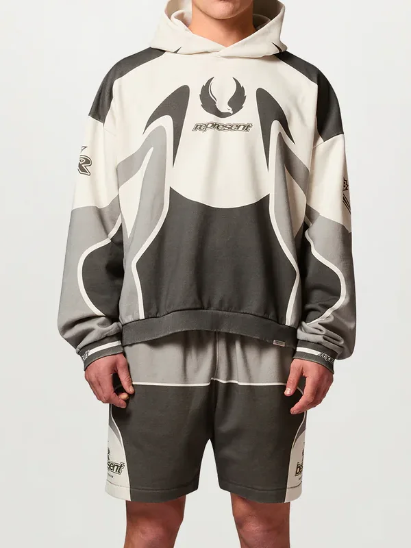 Belstaff x Represent Racing Hoodie front view showing hood, closure area, graphics, and sporty design
