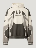 Belstaff x Represent Racing Hoodie back view showing rear graphics, hood shape, and relaxed fit