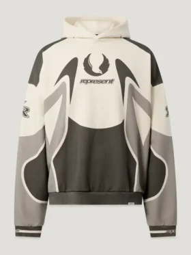 Belstaff x Represent Racing Hoodie back view showing rear graphics, hood shape, and relaxed fit