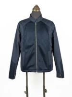 Full-frontal product view of the screen-accurate blue Captain America Steve Rogers mesh-paneled jacket zipped up on a studio mannequin.