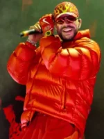 Colombia Ryan Castro Red Puffer Jacket side view showing profile shape and smooth puffer fit