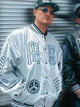 Cookin Soul Italian Hustler Silver Varsity Jacket front view