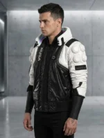 Cyberpunk 2077 Nusa Cosplay Jacket side view showing sleeve details, jacket profile, and structured fit