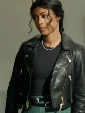 Daphne Black Leather Jacket front view showing collar, closure, pockets, and black leather design