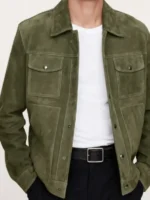 Detective Karadec Suede Trucker Jacket closure view showing front fastening, stitching, and suede texture