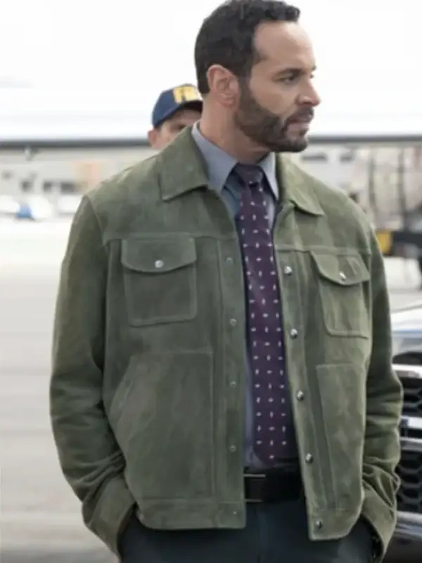 Detective Karadec Suede Trucker Jacket front view showing collar, closure, pockets, and suede trucker design