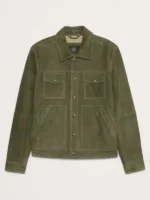 Detective Karadec Suede Trucker Jacket view look showing suede texture, trucker collar, and clean fit