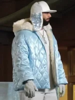 Drake ICEMAN Puffer Jacket side view showing padded profile, hood shape, and smooth fit