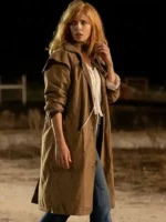 Dutton Ranch 2026 Kelly Reilly Brown Coat front view showing collar, closure, pockets, and long coat design