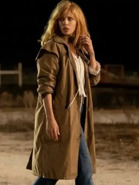 Dutton Ranch 2026 Kelly Reilly Brown Coat front view showing collar, closure, pockets, and long coat design