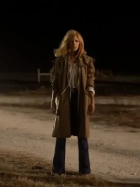 Dutton Ranch 2026 Kelly Reilly Brown Coat view look showing brown coat style, collar, and long fit