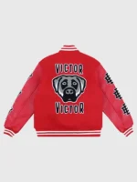 EE Victor Victor Varsity Jacket back view showing rear design, sleeve shape, and varsity jacket fit