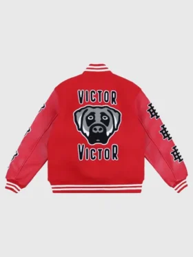EE Victor Victor Varsity Jacket back view showing rear design, sleeve shape, and varsity jacket fit