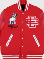 EE Victor Victor Varsity Jacket close-up view showing fabric texture, stitching, and jacket details