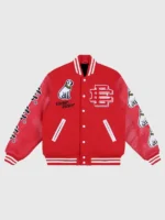 EE Victor Victor Varsity Jacket front view showing collar, closure, pockets, and varsity design