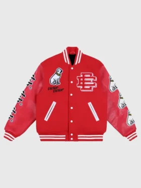 EE Victor Victor Varsity Jacket front view showing collar, closure, pockets, and varsity design