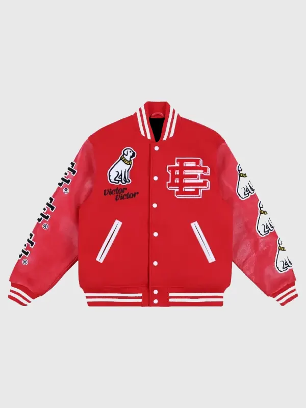 EE Victor Victor Varsity Jacket front view showing collar, closure, pockets, and varsity design