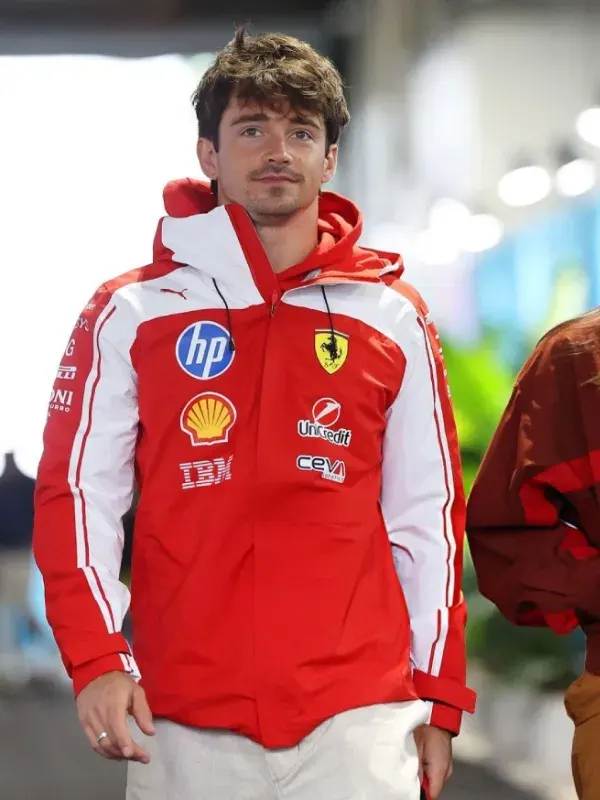 F1 Grand Prix Of Miami Charles Leclerc Jacket front view showing collar, closure, pockets, and racing design