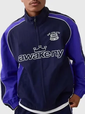 Gap × Awake NY Track Jacket front view showing collar, closure, pockets, and sporty design