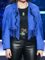 Hailey Wright Blue Fringed Jacket closure view showing front fastening, fringe details, and blue finish