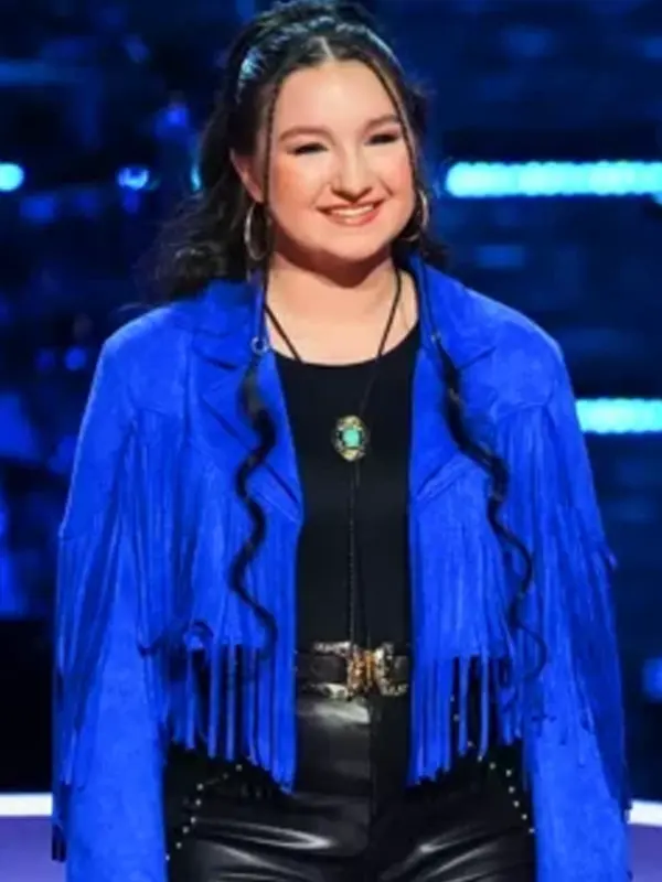 Hailey Wright Blue Fringed Jacket front view showing fringe details, closure area, and clean design