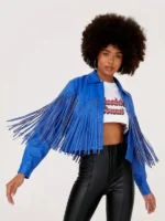 Hailey Wright Blue Fringed Jacket view look showing blue color, fringe details, and jacket shape
