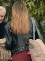 Kaitlin Olson Black Leather Jacket back view showing rear structure, sleeve shape, and black leather fit